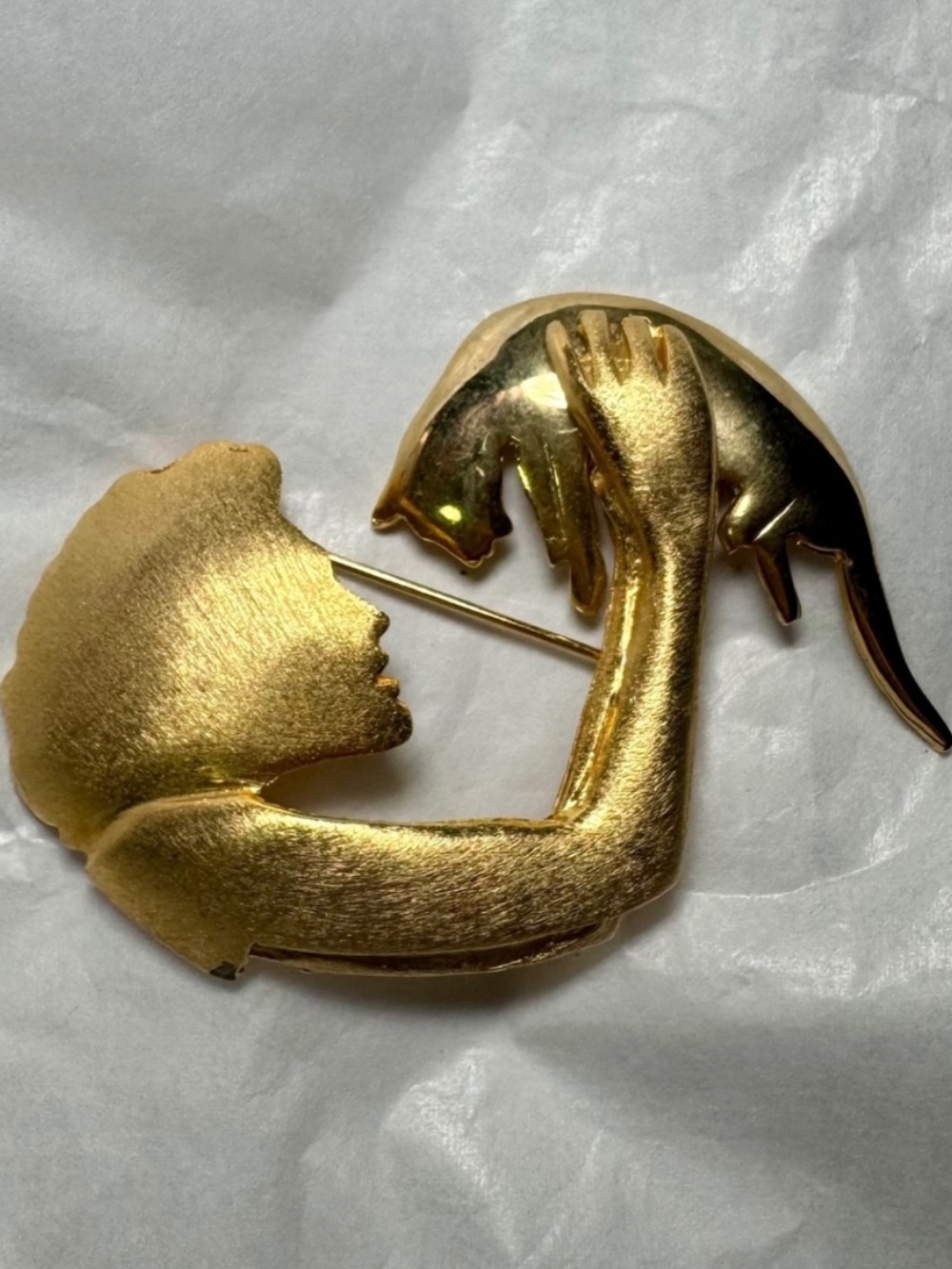 Vintage Gold Tone Ultra Craft Brooch Pin Woman Holding Cat Silhouette